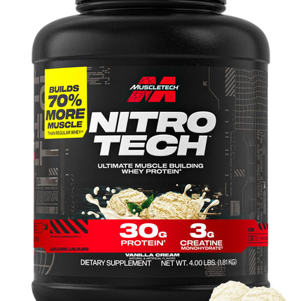 Muscletech Whey Protein Powder (Vanilla Cream, 4 Pound) - Nitro-Tech Ultimate Muscle Building Formula with Whey Protein Isolate - 30g of Protein, 3g of Creatine & 6.8g of BCAA - Packaging May Vary