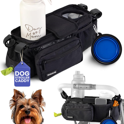 rubyloo Dog Stroller Caddy Organizer with Poop Bag Dispenser, Treat Pocket, Water Bowl – Dog Stroller Accessories with Insulated Cup Holders, Pet Storage & Non-Slip Fit for 14"-19" Wide Handlebars