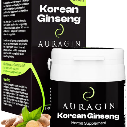 Auragin® Authentic Korean Red Ginseng – Made in Korea – 6 Year Roots – No Additives or Other Ingredients – 100% Red Panax Ginseng in Every Tablet
