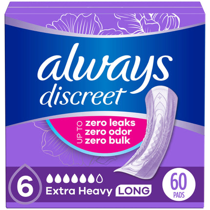 Always Discreet Adult Incontinence Pads for Women, Drier, 6 Drop Long Length, Extra Heavy Absorbency, Pads for Bladder Control Management, Bladder Leaks, & Postpartum Pads, 60ct