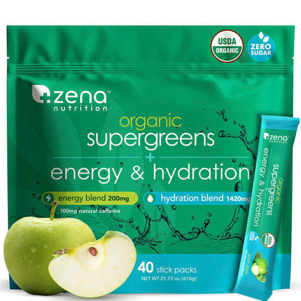 Zena Nutrition Organic Super Greens Energy & Hydration Powder, 70+ Superfoods, 0 Sugar, 5G Fiber, Spirulina, Chlorella, Prebiotics/Probiotics, Natural Caffeine + Electrolytes, 40 Drink Mix Packets