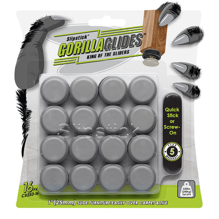 GorillaGlides 1 Inch Chair Sliders/Furniture Floor Protectors (16 Furniture Glides) Self-Adhesive Screw On Chair Glides for Sliding on Low-Pile Carpet & Hard Surface Floors, Round