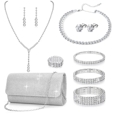 GIFIKOI 11 Pcs Silver Clutch Purse Crystal Jewelry Set for Women Shiny Rhinestone Jewelry Accessories for Evening Party Bride Wedding