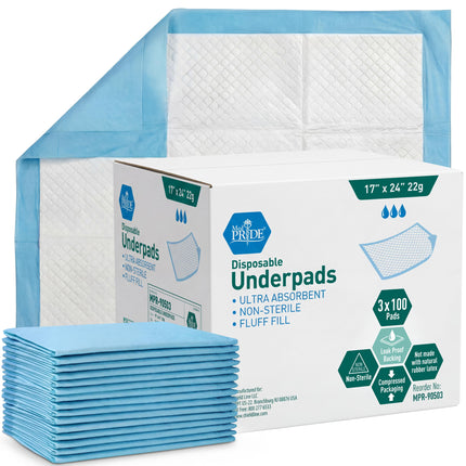 Medpride Disposable Underpads 17'' x 24'' (100-Count) Incontinence Pads, Bed Covers, Puppy Training | Thick, Super Absorbent Protection for Kids, Adults, Elderly | Liquid, Urine, Accidents