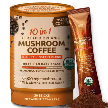 10-in-1 USDA Certified Organic Mushroom Coffee Instant, Instant Mushroom Coffee Brazilian Dark Roast for Better Energy, Focus, Gut Health, 30 Sticks, Regular Caffeine - MatchaDNA