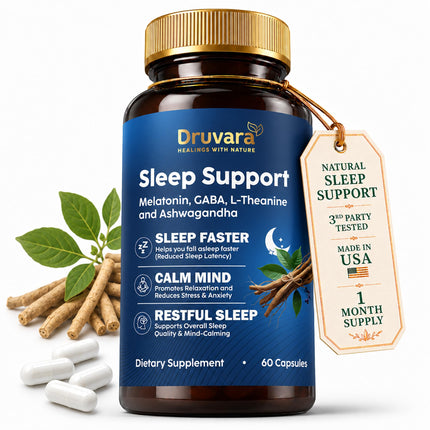 Druvara Natural Sleep Aid for Adults with Melatonin, GABA, L-Theanine & Ashwagandha, Natural Sleep Supplement for Deep, Restful Sleep - 60 Capsules