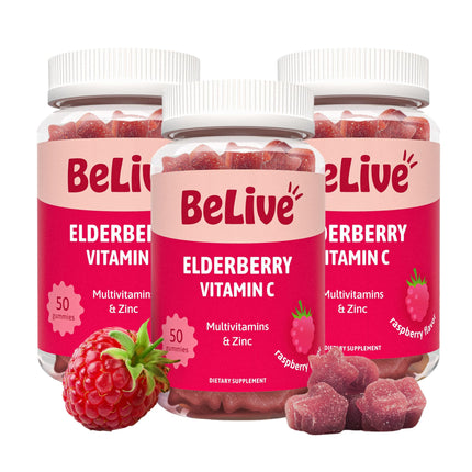 BeLive Elderberry Gummies with Zinc and Vitamin C - Immune Support Supplement with Vitamin D, A, E, B12 - Gummies for Healthy Bones & Teeth, Vegan, Keto & Non-GMO - Raspberry Flavor | 3-Pack