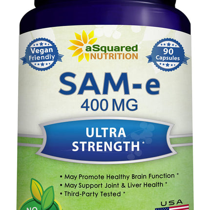 aSquared Nutrition SAM-e 400mg Supplement - 90 Capsules - Same (S-Adenosyl Methionine) to Support Mood, Joint Health, and Brain Function - Extra Strength Vegan SAM e Pills