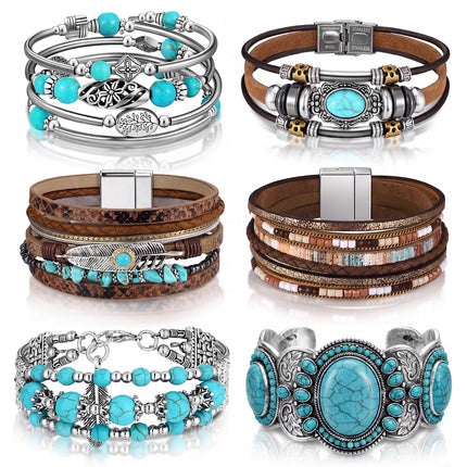 Sasylvia 6 Pcs Turquoise Bracelet for Women Leather Bracelet Western Jewelry for Women Multilayer Boho Cuff Bangle Set(Retro)