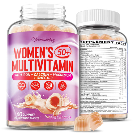 Multivitamin Gummies for Women 50 Plus - with Omega 3, Coenzyme Q10, Iron, Calcium, Zinc, Vitamin A, C, D3, E, K2, B Complex, Folate - Multi Vitamins & Minerals for Energy, Beauty, Immune, Pack of 1