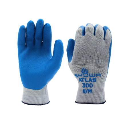 SHOWA Atlas 300 Original 1994 Crinkle Grip Work Gloves, Natural Latex Palm, Heavy Duty 10-Gauge for Construction, Landscaping, Gardening, & Masonry, Blue, Medium, 12-Pair