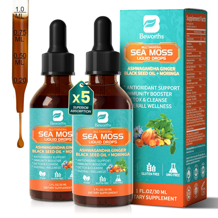 Sea Moss Drops - Irish Sea Moss Chlorophyll Liquid with Black Seed Oil, Ashwagandha, Moringa, Turmeric, Elderberry, Mullein, Seamoss Gel Supplement for Gut & Liver Cleanse, Immune Support - Vegan 2 Oz