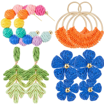 Meekoo 4 Pairs Handmade Boho Rattan Earrings for Women,Colorful