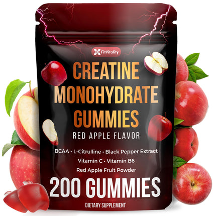 FitVitality Premium 200 Gummies Creatine Gummies - Formulation with Creatine, Vitamin C & B6 - Vegan, Non-GMO, Sugar-Free, Red Apple Flavor