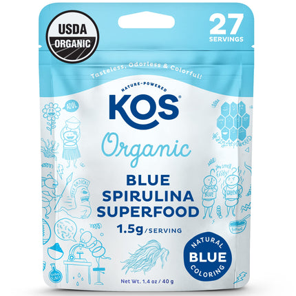 KOS USDA Organic Blue Spirulina Powder, Phycocyanin - Vegan Algae Superfood - Natural Food Coloring for Smoothies & Protein Drinks, Plant Based, Non GMO - 27 Servings