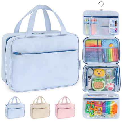 Kids Travel Organizer – Multi-Compartment, Water-Resistant Hanging Bag for Toys, Snacks, & Activities - Compact, Lightweight Design with Hook & Carry Handle - Perfect for Travel Use (Blue, Large)