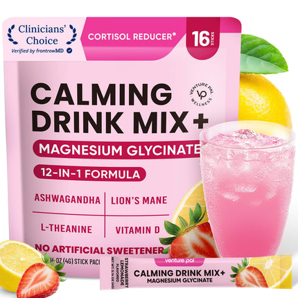 Venture Pal Calm Drink Mix, 12-in-1 Cortisol Reducer and Sleep Aid with Magnesium Glycinate, Ashwagandha, L-Theanine,Vitamin D, Calm Magnesium Powder for Relax & Focus, No Sugar, Non GMO