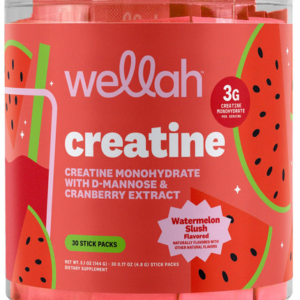 Wellah Creatine for Women (Watermelon Slush) 30 Stick Packs - 3g of Creatine Monohydrate with Dandelion & Cranberry Extract, to-Go Packets