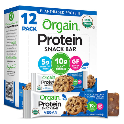 Orgain Organic Vegan Protein Bars, Chocolate Chip Cookie Dough - 10g Plant Based Protein, Low Calorie Healthy Snacks, No Lactose or Soy Ingredients, Gluten Free, Non-GMO - 1.41 Oz (Pack of 12)