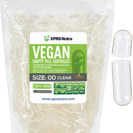 XPRS Nutra Size 00 Empty Capsules - 1000 Clear Count Empty Vegan Capsules - Vegetarian Empty Pills - DIY Vegetable Capsule Filling- Veggie Pill Caps