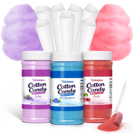 Cotton Candy Sugar Floss Variety Pack - Grape, Raspberry & Cherry Flavors, 3 Bottles (12oz Each) Includes 55 Cones for Home & Commercial Cotton Candy Machines, Parties, Carnivals & Events
