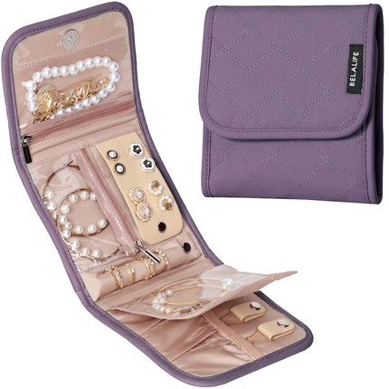 BELALIFE Travel Jewelry Case Organizer, Small Foldable Storage Roll for Earrings, Necklaces, Rings, Bracelets, Brooches, Purple