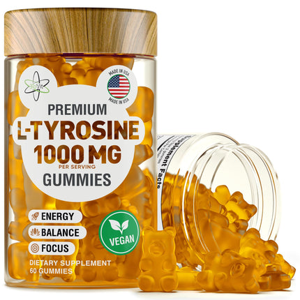 BioVit L Tyrosine Gummies - Activated Amino Acid L Tyrosine Supplement - Natural Focus, Mood and Energy Supplement for Kids & Adults - L-Tyrosine 1000MG per Serving, 500MG per Gummy - 60 Vegan Gummies