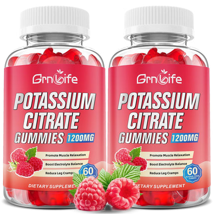 2 Pack Potassium Citrate Gummies, High Potassium Supplement 1200mg Support Leg Cramps & Muscle Health, Potassium Gummies for Adults & Kids, Vegan, Raspberry Flavor 120 Count