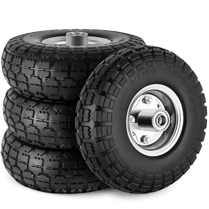 4 Pcs 4.10/3.50-4" Tire and Wheel Flat Free, 10 Inch Solid Rubber Tires with 5/8" Axle Bore Hole, 2.2" Offset Hub for Hand Truck, Wheelbarrow, Gorilla Cart, Garden Wagon Cart, Dolly, Utility Cart