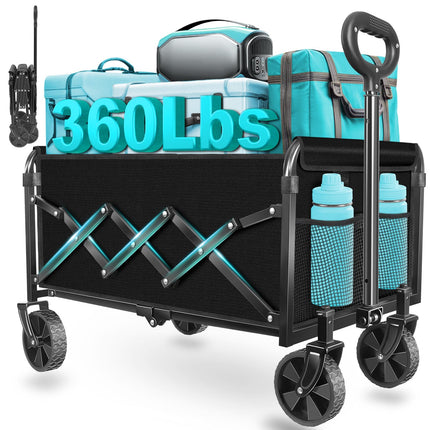 Collapsible Wagon Cart with Wheels, Compact 360 lb Folding Cart, Jet Black