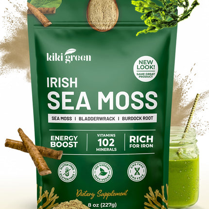 KIKI Green Irish Sea Moss Powder 8 Oz - with Bladderwrack Burdock Root Extract for Immune Support - Keto, Vegan Supplement