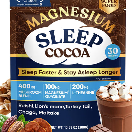 Mushroom Hot Cocoa Powder Natural Sleep Aid with Magnesium Glycinate, Reishi & L-Theanine, 12 Superfoods, Melatonin 3mg, Moon Bedtime Brew Hot Chocolate Drink Mix for Sleep, Relaxation, 30 Servings