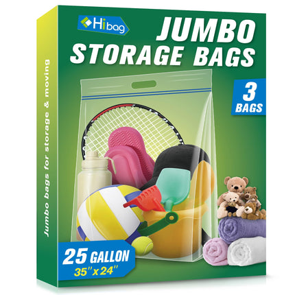 HIBAG 25 Gallon Jumbo Storage Bags, 35” x 24” Resealable Clear Bags with Handle, Extra Large XL Heavy Duty for Clothes Pillow Travel Moving, Pack of 3