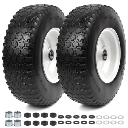 AR-PRO (2 Pack) 4.10/3.50-6 Flat Free Tire and Wheel, Solid Tire with Steel Rim, 3" -6.25 Centered Hub, 3/4" Bearing with 5/8" Adapter, for Wheelbarrow, Hand Truck & Utility Equipment