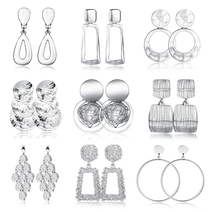 Subiceto 9 Pairs Silver Plated Clip on Earrings for Women Statement Clip On Earrings Large Geometric Square Rectangle Round Clip Dangle Earrings Non Pierced Earrings Set