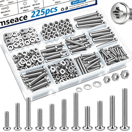 smseace 225Pcs Silver Nuts and Bolts Assortment Kit 12-Sizes M4/M5/M6 Nut Bolt Washer Assortment Kit for Machinery, Furniture, Automotive, Motorcycle Repairs