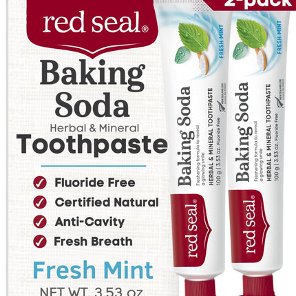 Red Seal Baking Soda Toothpaste - Fluoride-Free Herbal & Mineral Formula, Vegan-Friendly, Cruelty-Free, SLS and Paraben-Free, No Artificial Flavors, NATRUE Certified Natural, Dry Mouth Relief (2 Pack)