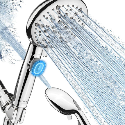 Cobbe 9-Function Shower Head with Built-in Power Spray, 1.8 GPM Water Saving ON/OFF Toggle Switch, High Pressure Handheld Showerhead with 1-Click Pause Button, Brass Bracket & 6ft Hose, Chrome