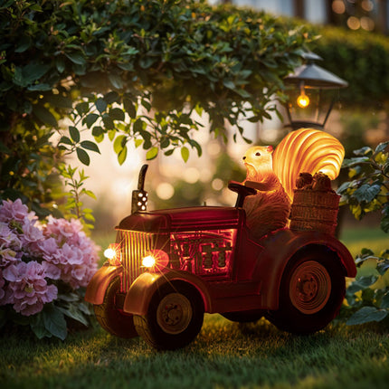 YUETJIN Solar Lighted Squirrel's Farm Tractor Statue