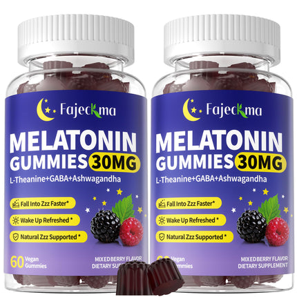 Fajeckma 30mg Melatonin Gummies Supplement: Extra Strength Plus Magnesium Ashwagandha L-Theanine Chamomile Valerian GABA Vitamins B6 B12 D3 for Natural Zzz - Sugar Free for Nighttime Adults(120Count)