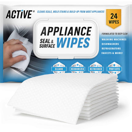 ACTIVE Home Appliance Surface Cleaner Wipes Heavy Duty Wipe for Cleaning Washing Machine, Dryer Stainless Steel Refrigerator, Glass Cooktop, Microwave, Dishwasher, Counter, Tile - 24 Large Wipes