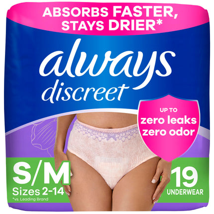 Always Discreet Adult Diapers for Women, Incontinence Underwear, Postpartum Essentials, Disposable Briefs, Max Absorbency, Bladder Leak Protection, Small/Medium, 19ct