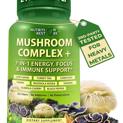 Organic Mushroom Complex: Lion's Mane, Turkey Tail, Cordyceps, Chaga, Contains Naturally Occurring Beta Glucans - Organic Energy & Immune Support Blend: Rhodiola Rosea, Ginseng & Acerola Cherry 120Ct