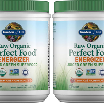Garden of Life Raw Organic Perfect Food Energizer Juiced Green Superfood Powder Yerba Mate Pomegranate, 30 Servings, Green Superfood Powder & Probiotics, Gluten Free Whole Food (Pack of 2)