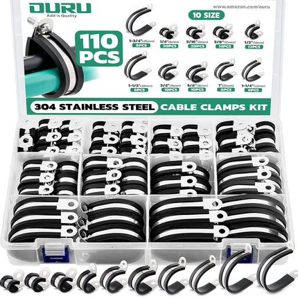 OURU 110PCS Cable Clamps Assortment Kit,10 Sizes—1/4" 5/16" 3/8" 1/2" 5/8" 3/4" 1" 1-1/4" 1-1/2" 1-3/4" Stainless Steel Rubber Coated Cushioned Insulated Cable Clamp,Automotive Wire Pipe Clamps