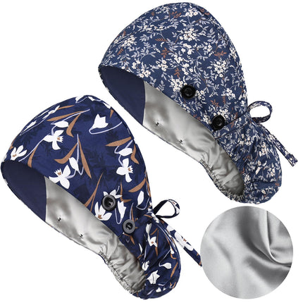 2 Pack Satin Lined Scrub Caps with Buttons & Sweathand, Surgical Caps for Women