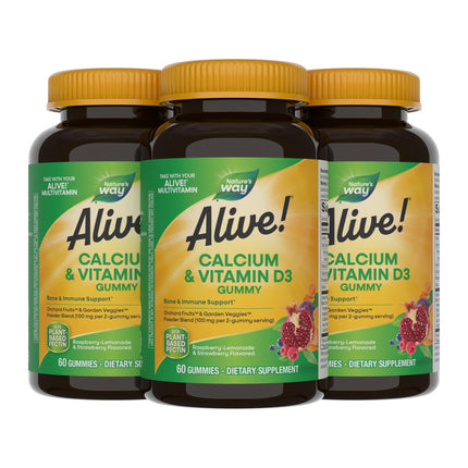 Nature’s Way Alive! Chewable Calcium Gummies with Vitamin D3, Daily Supplement Supports Healthy Bones and Teeth, and Muscle Function*, Strawberry and Raspberry-Lemonade Flavored, 60 Gummies (SET OF 3)