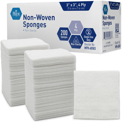 MED PRIDE Non-Woven Gauze Pads,3x3 in,4-Ply,Non-Adherent, 200-Count Pack