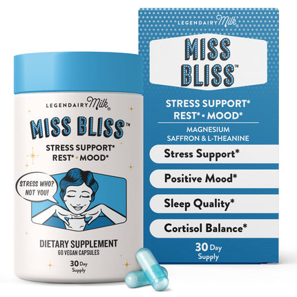 Legendairy Milk Miss Bliss™ Stress Support for Women – Stress Relief Supplement with affron® Saffron, Magnesium Glycinate + Citrate & L-Theanine – Calm & Mood Balance, Non-Drowsy, 60 Vegan Capsules