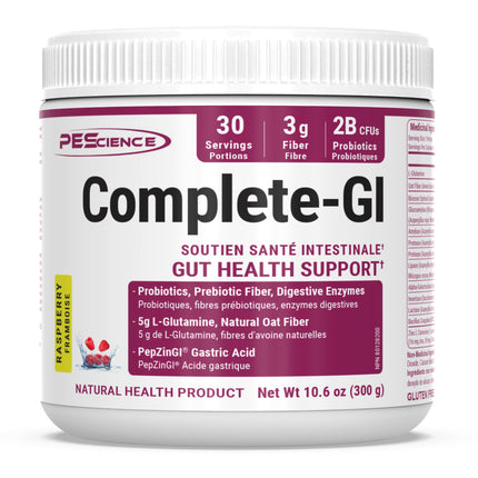 PEScience Complete-GI Gut Health Powder, Probiotics for Women and Men, Digestive Enzymes, Prebiotic Fiber, L Glutamine, Pepzin GI Zinc Carnosine - Raspberry Flavor, 30 Servings